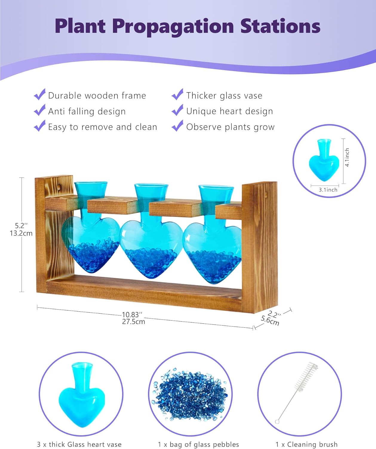 Nacome Plant Terrarium for Office Decor: Birthday Gifts for Plant Lovers Women Mom Wife - Wooden Stand Tabletop Planter 3 Bulb Glass Vase Heart Shaped for Hydroponics Indoor Home