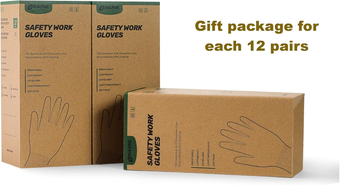 DULFINE Safety Work Gloves PU Coated-12 Pairs,Blue Seamless Knit Glove with Polyurethane Coated Smooth Grip on Palm & Fingers, for Men and Women, Ideal for General Duty Work (Large)