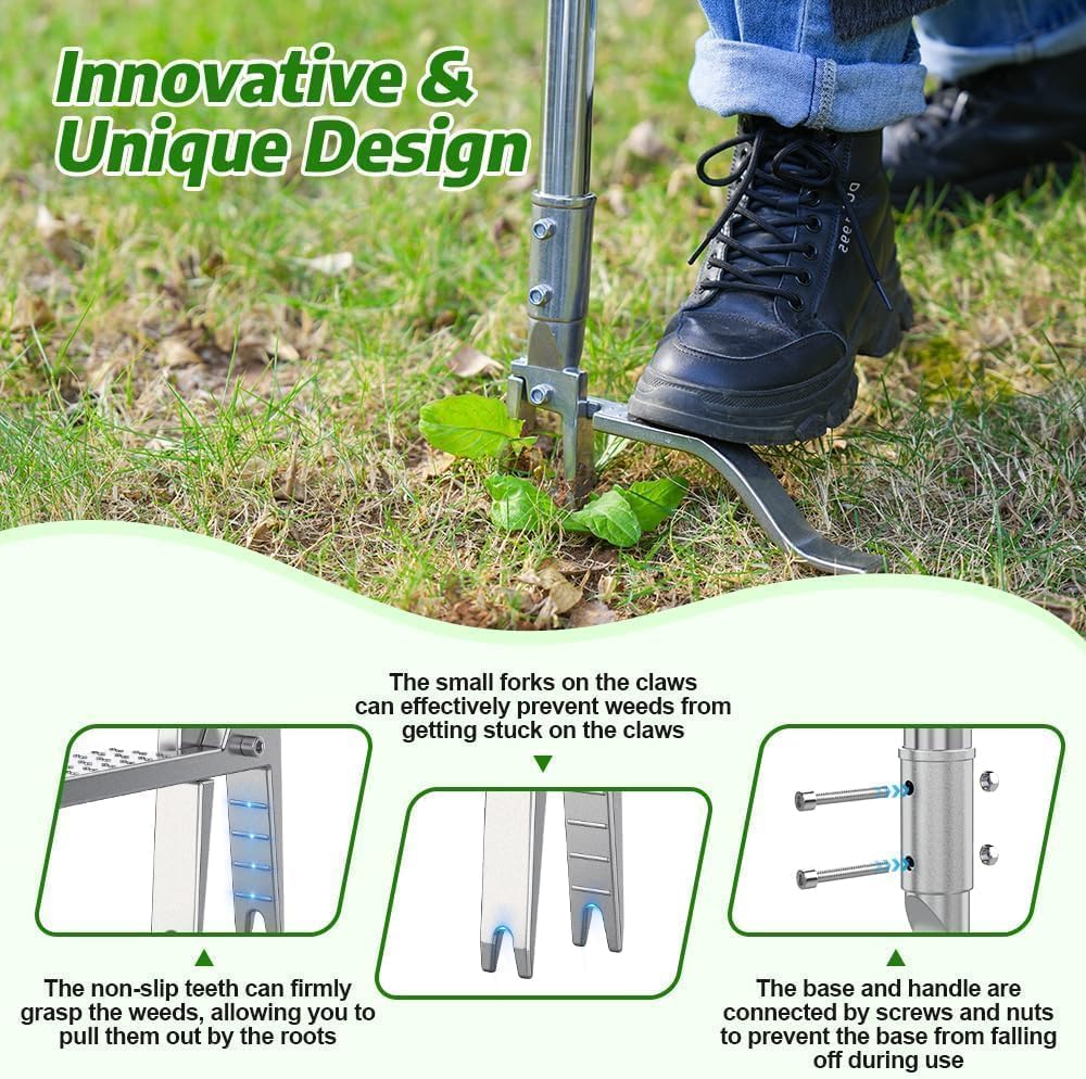 Stainless Steel Stand Up Weed Puller Tool with Long Handle, Thickened 304 Stainless Steel Foot Pedals & 2-Claw Head, Weeding Weed Remove Tool for Lawn/Yard