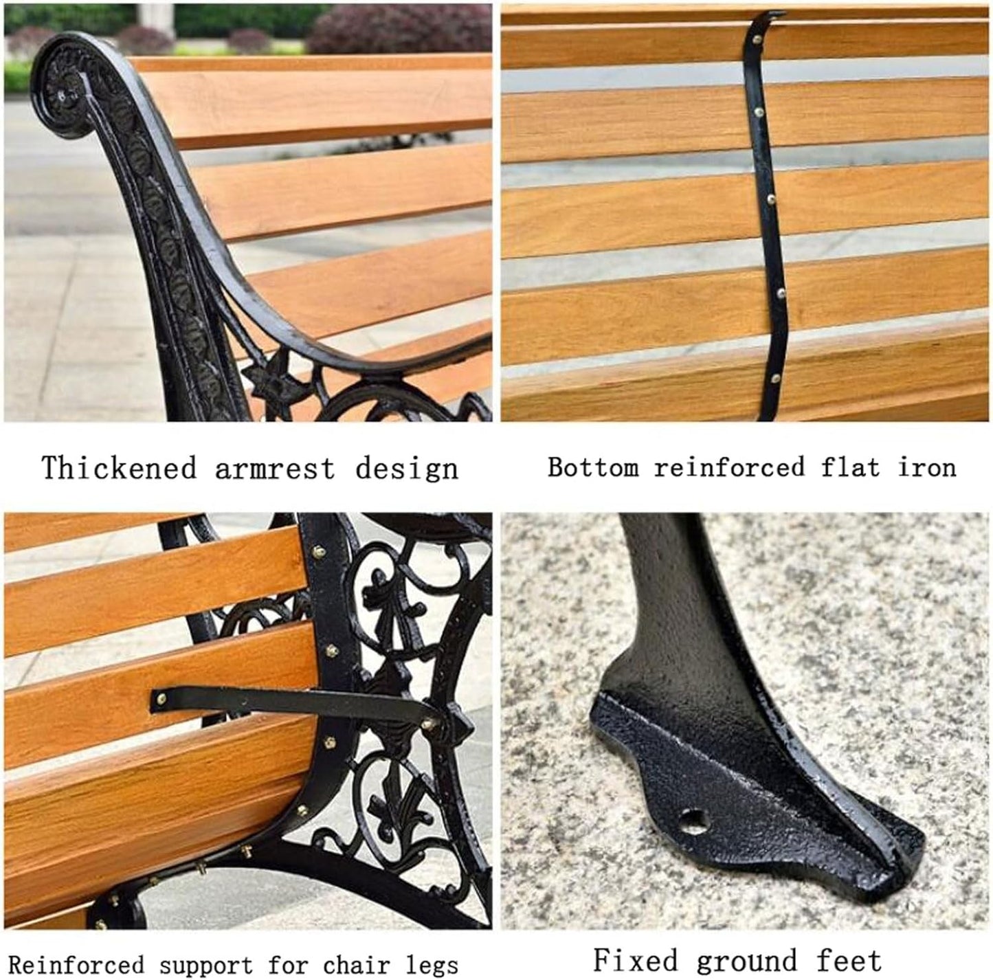 Garden Bench Outdoor Bar Hotel Patio Bench, Cast Iron Metal Frame Preservative Wood Patio Park Bench with Backrest and Armrests, for Porch, Lawn, Garden, Yard(Teak+Antique Bronze Legs)