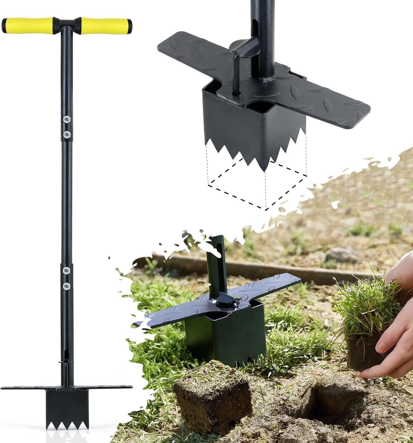 Colwelt Sod Plugger Tool 36-INCH, Grass Plug Tool 3 x 3 Square with Serrated Base, Long Handle Bulb Planter Tool with Dual Pedals & Easy Foot Ejector, Sod Turf Cutter for Lawn Planting Grass Repair