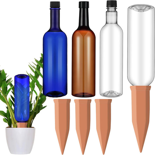 3 Sets Plant Watering Devices Include Terracotta Self Watering Spikes and 26 oz Plastic Bottles, Slow Release Vacation Insert Automatic Plant Waterer Device (Blue Clear Brown and Terracotta)