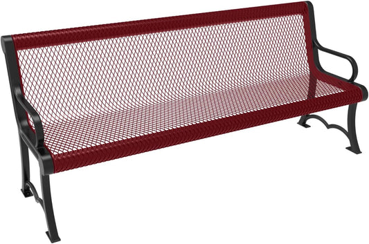 Coated Outdoor Furniture Heavy-Duty Outdoor Bench Thermoplastic Coated, Expanded Metal, Commercial-Grade Garden Bench, Made in America (Portable with Back, 6 Ft, Burgundy)