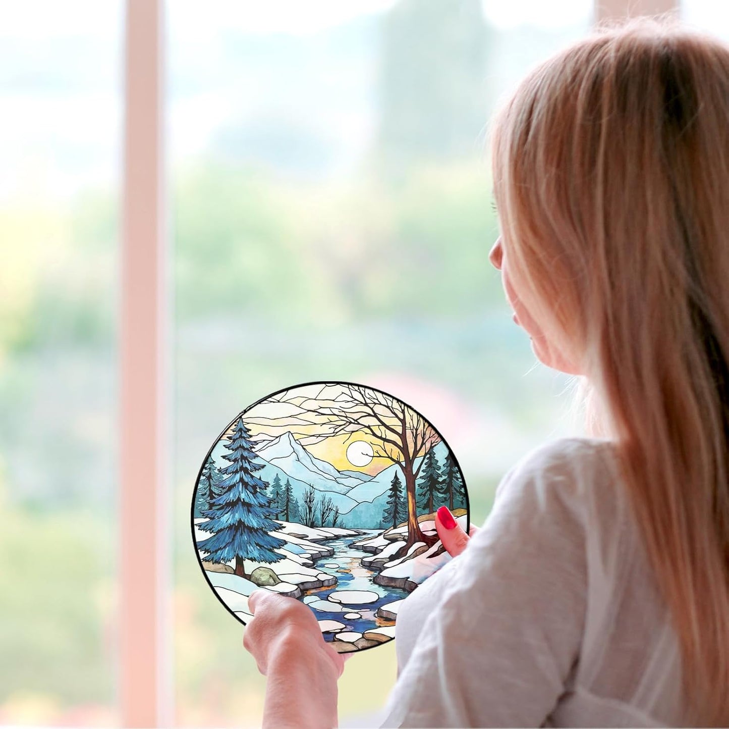 Winter Stained Glass Suncatcher for Window Hanging, Pine Tree Winter Landscape Blue White Glass Panel Decor Home Window for Women Men Wife Mom 7.8 inches