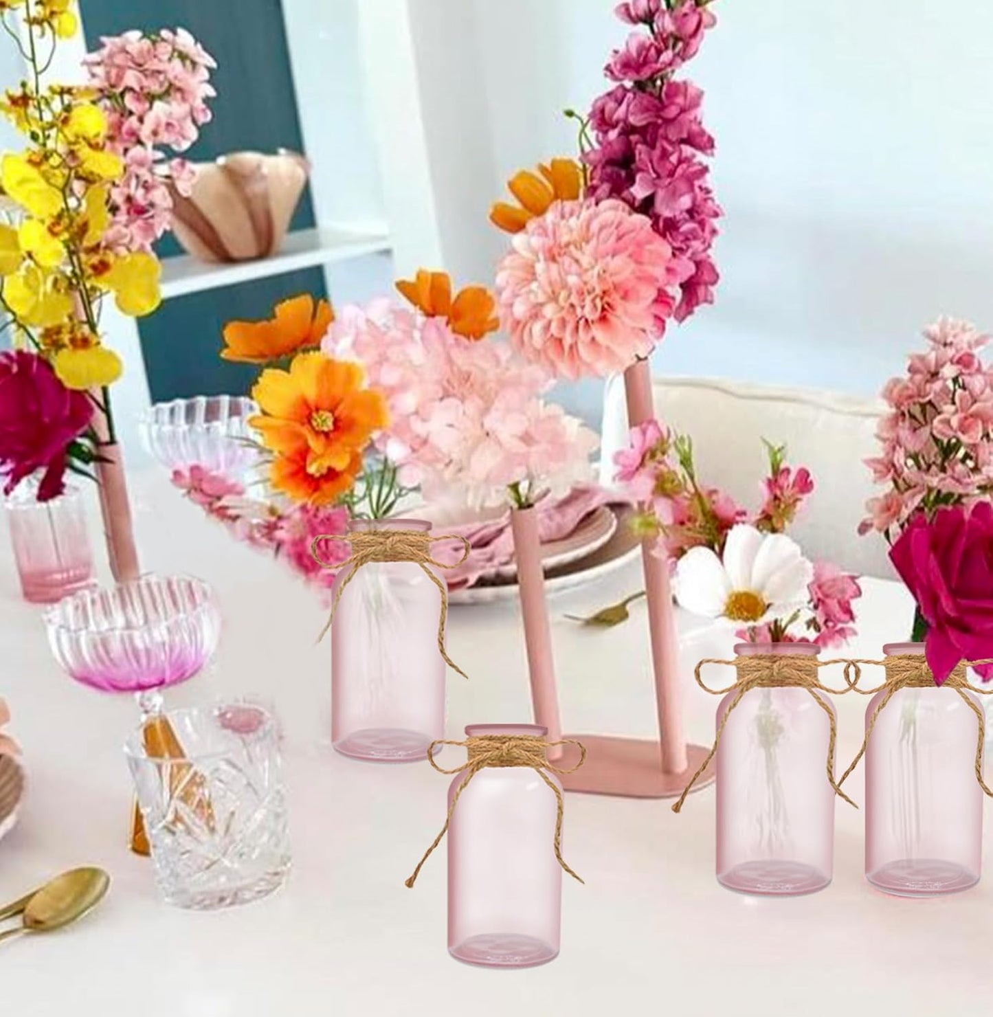 Vintage Glass Flower Vase，6 Pack Pink Farmhouse Glass Centerpiece Vases Mason Jars for Weddings, Parties & Home Decor Bulk (6, Pink)