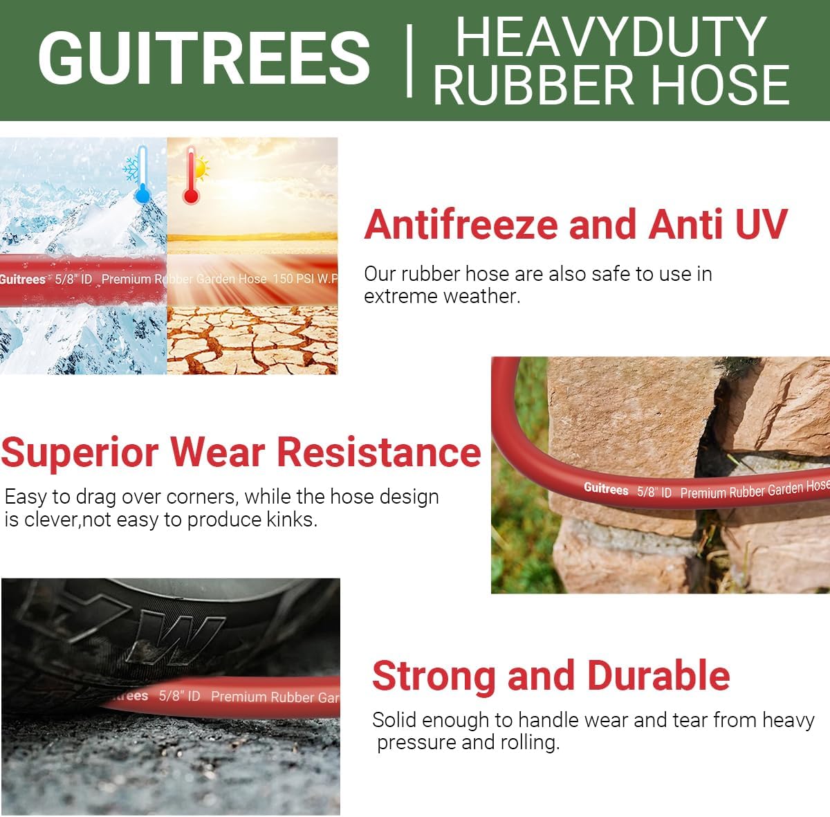 50FT 5/8 Heavy Duty Rubber Garden Hose - 200psi Working, 1000psi Burst - Hot/Cold Water - Five-Layered Braiding for Durability - Versatile for Gardening, Agriculture, Construction(Red)