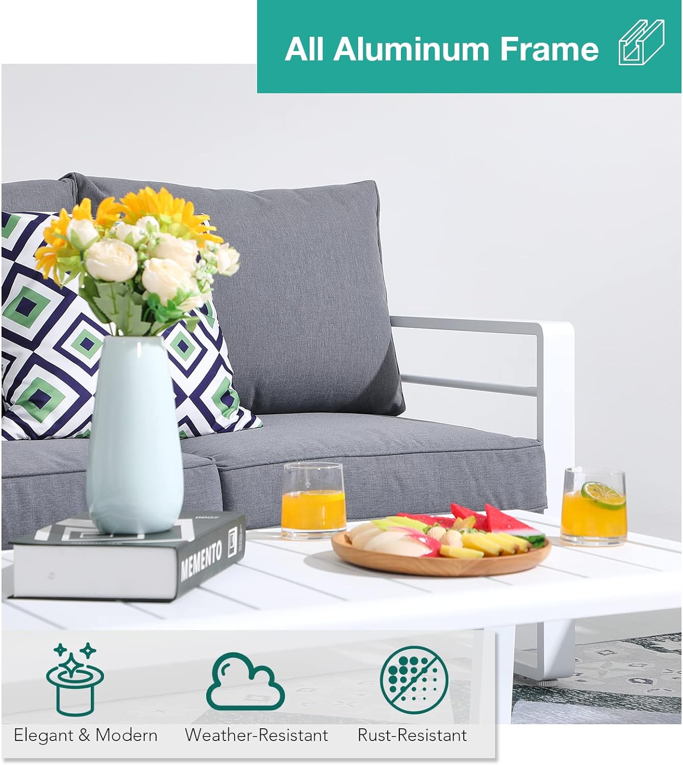 Patiorama Aluminum Patio Furniture Set, 5 PCS Modern Patio Conversation Set, All Weather White Outdoor Sectional Sofa Set w/Coffee Table, Patio Seating Set, Olefin Cushion, Garden-Grey Cushion