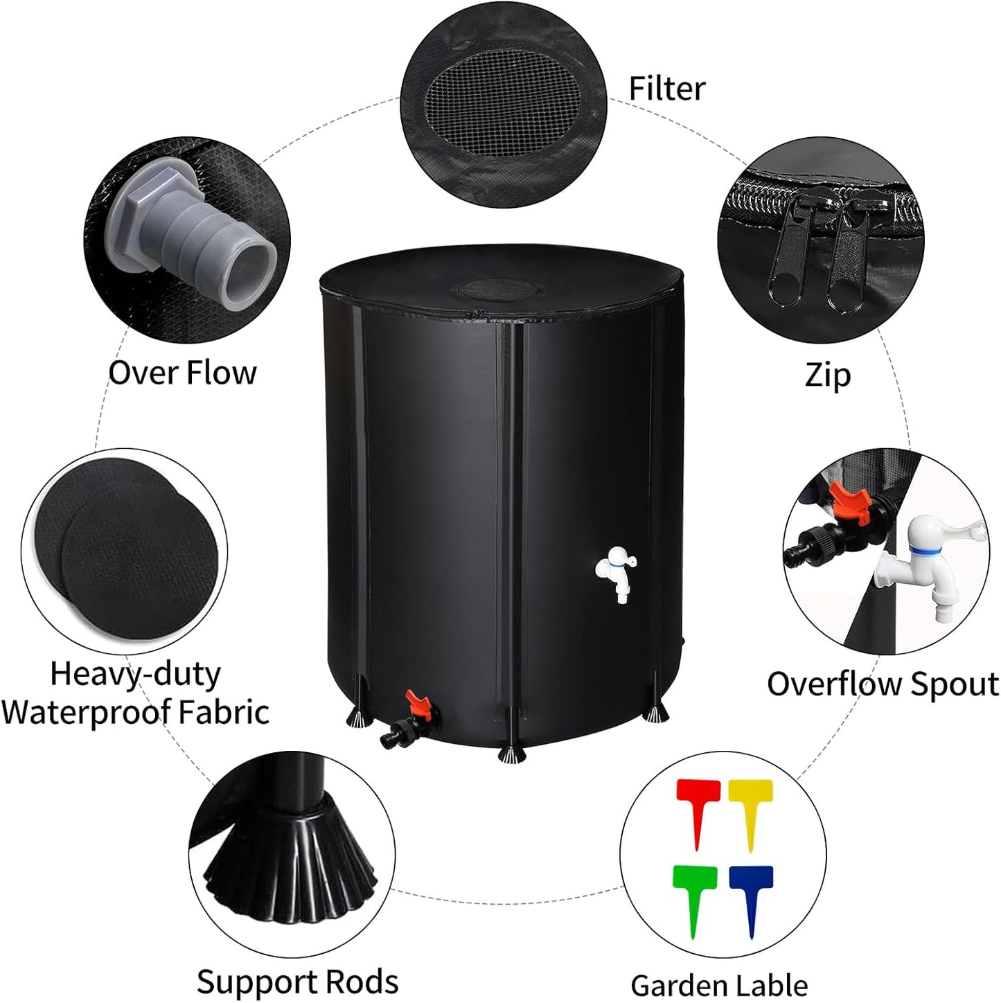 132 Gallon Collapsible Rain Barrel, Portable Rainwater Collection System, Water Storage Tank, Rain Catcher Barrel with Two Spigots and Overflow Kit, Rain Water Barrel Collector for Garden, Black