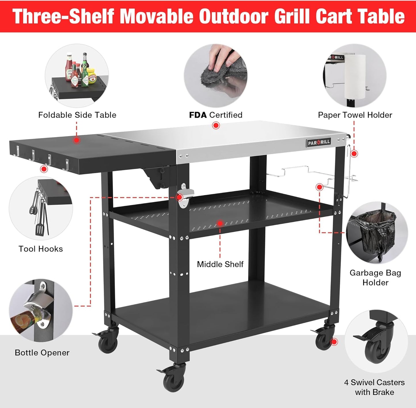 46.6" L x 20" W Three-Shelf Outdoor Grill Table, 4 Swivel Casters with Brake, Movable Outdoor Prep Table with Foldable Side Table, Stainless Steel Pizza Oven Table, BBQ Grilling Table