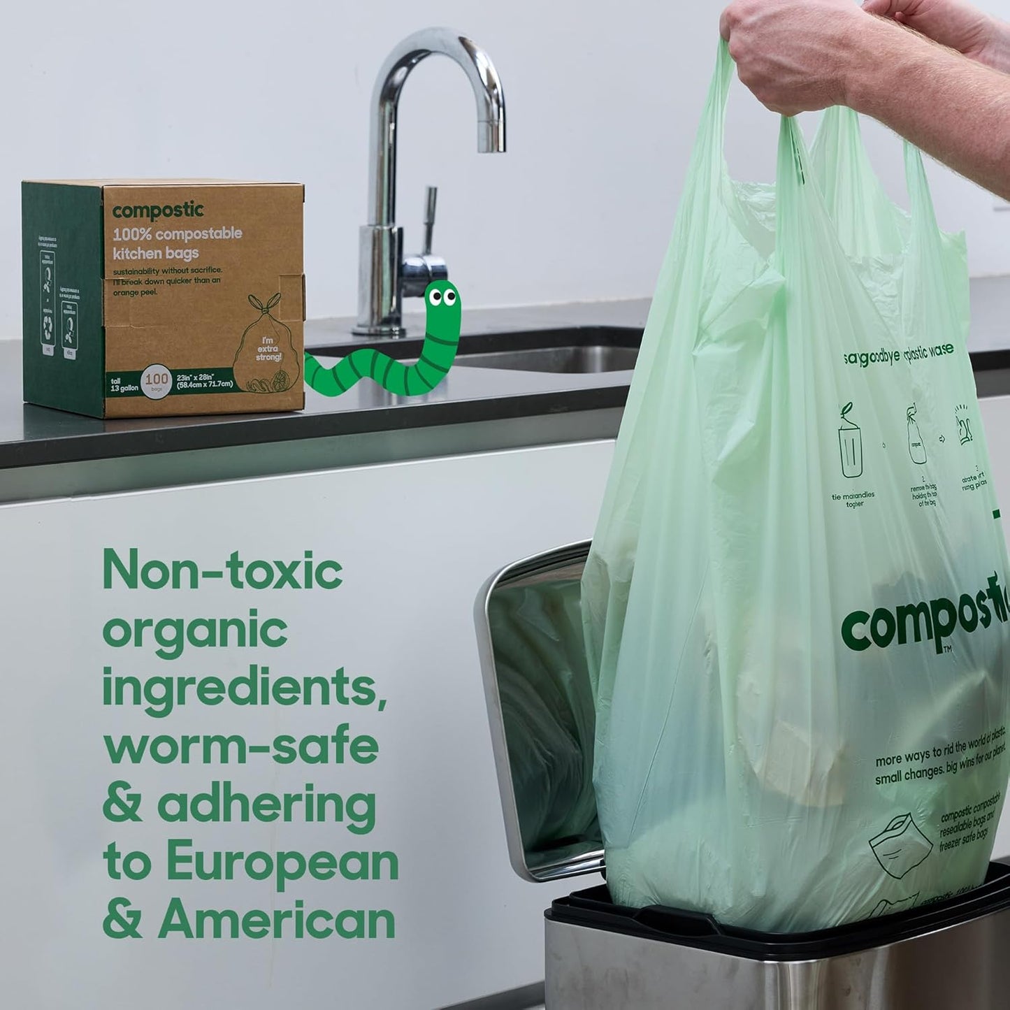 Home Compostable Trash Bags, 13 Gallon Tall Kitchen Rubbish Bags (23” x 29”), Extra Strong & Quickly Breaks Down, 100 Count
