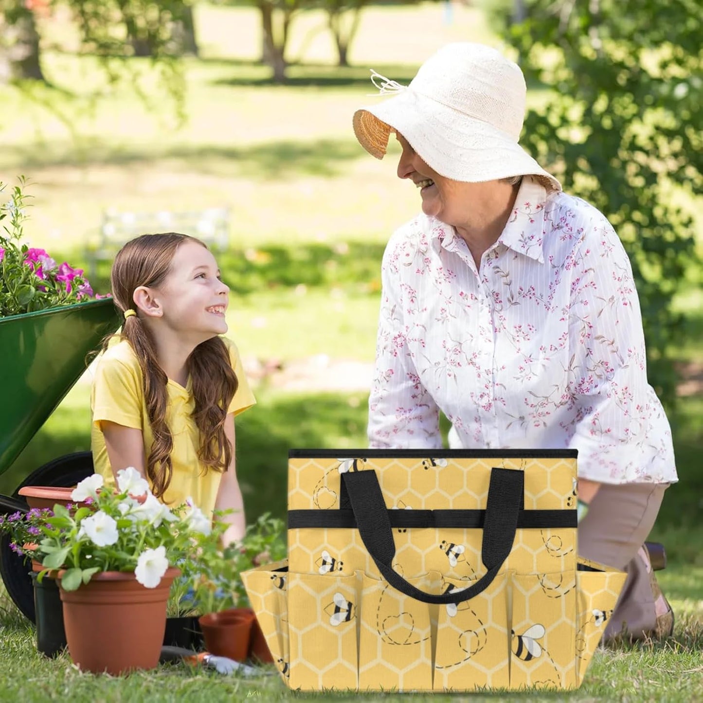 Yellow Bee Gardening Tool Bag,Heavy Duty Garden Tote Bag,Portable Oxford Gardening Storage Basket Organizer Handbag with Pockets Handle,Hand Tools Gifts for Outdoor Garden Lawn Yard