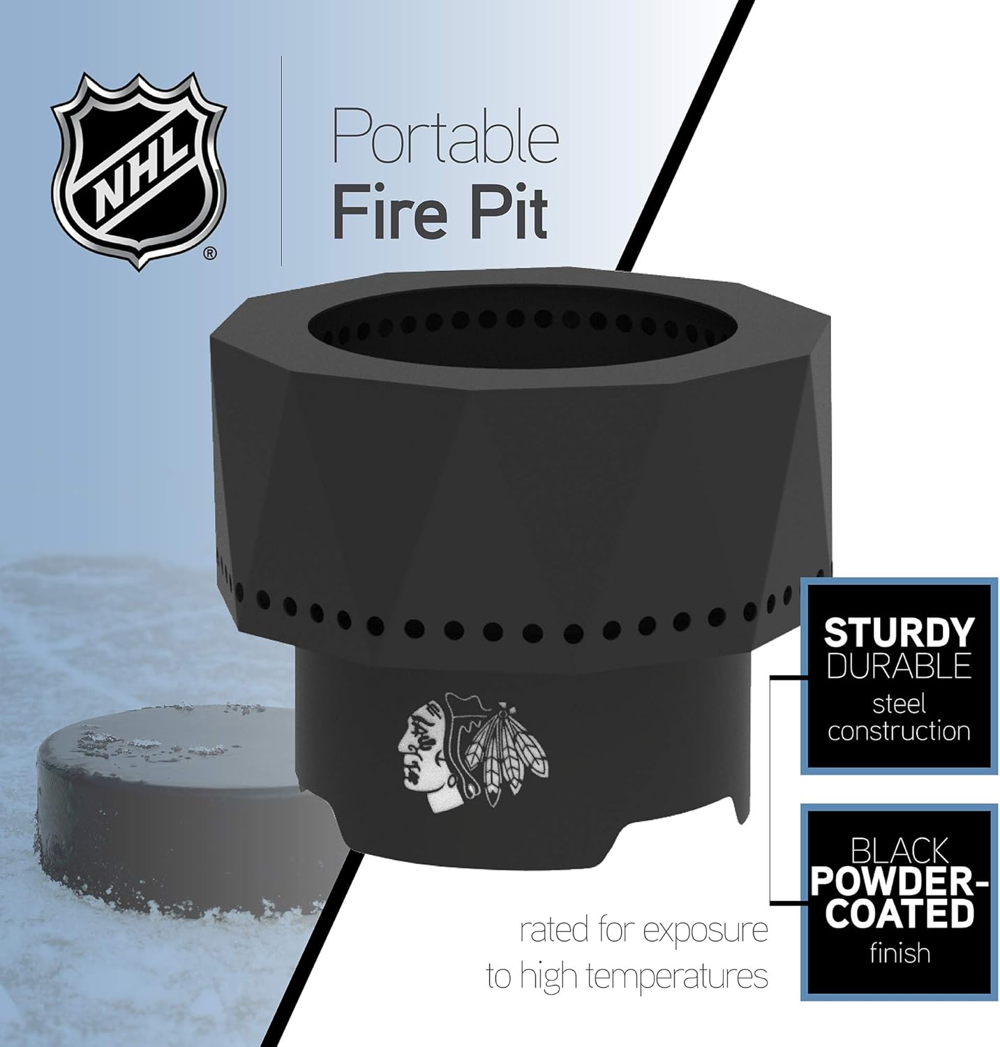 Blue Sky Outdoor Living NHL Vancouver Canucks Ridge Portable Steel Smokeless Fire Pit with Carrying Bag & Spark Screen Kit, Firewood & Wood Pellet