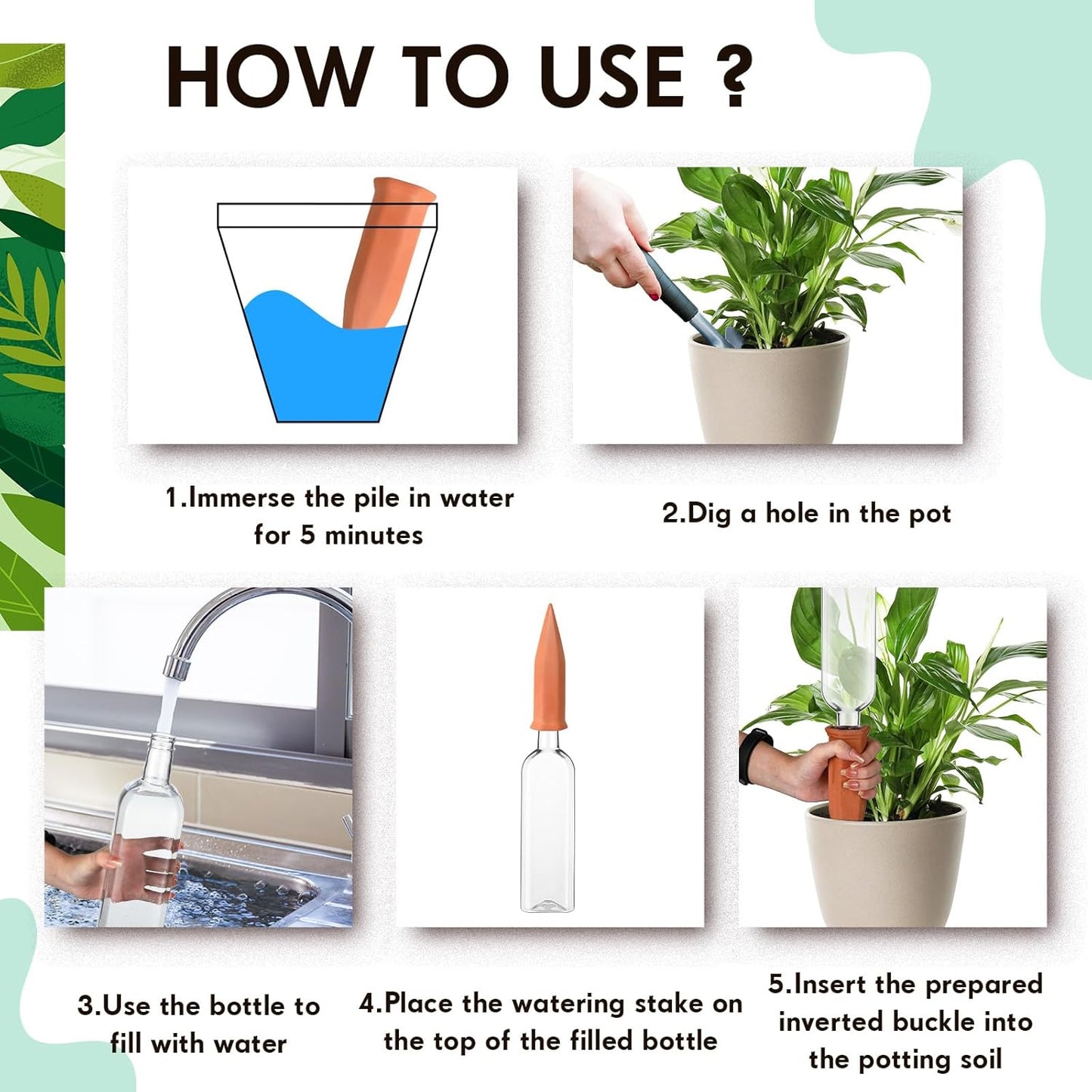 Dandat 12 Pcs 34oz Plant Watering Devices Include Terracotta Self Watering Spikes with 1000ml Plastic Bottles Slow Release Vacation Insert Automatic Plant Waterer Self Water Planter for Garden