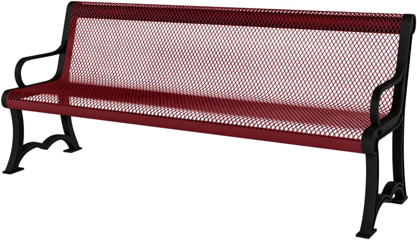 Coated Outdoor Furniture Heavy-Duty Outdoor Bench Thermoplastic Coated, Expanded Metal, Commercial-Grade Garden Bench, Made in America (Portable with Back, 4 Ft, Burgundy)