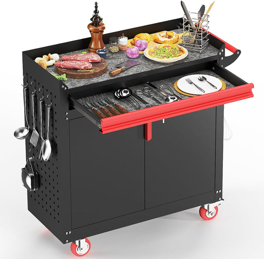 Metal Grill Cart - Outdoor Grill Cart with Storage,Grill Table with Wheels,Outdoor Bar Cart with Adjustable Shelf for Kitchen Prep and Patio BBQ