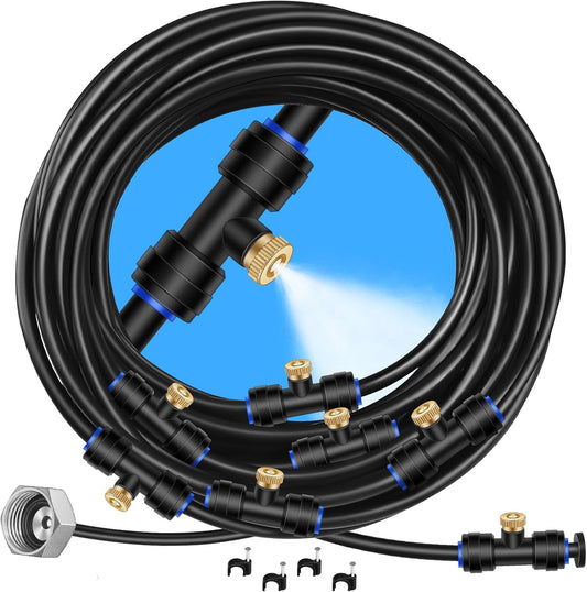 GOXAWEE Misting System, 59FT (18M) Misting Line + 20 Brass Mist Nozzles + Brass Adapter(3/4"), Misters for Outside Patio Cooling Outdoor Garden Greenhouse Trampoline for Waterpark