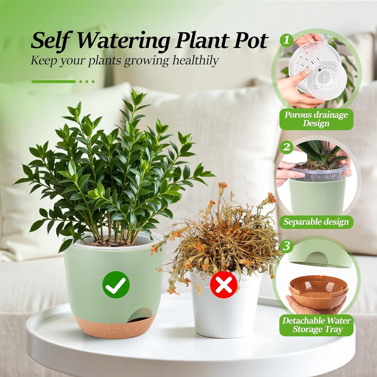 Self Watering Orchid Pots for Indoor Plants,5.8 Inch Macetas para Orqudeas,Flower Pots for Indoor Plants with Holes(Green)