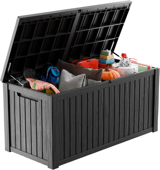 180 Gallon Waterproof Outdoor Storage Box,Resin Deck Box,Lockable Outside Storage Box Container for Patio Furniure,Garden,Tools (180 Gallon,Black)