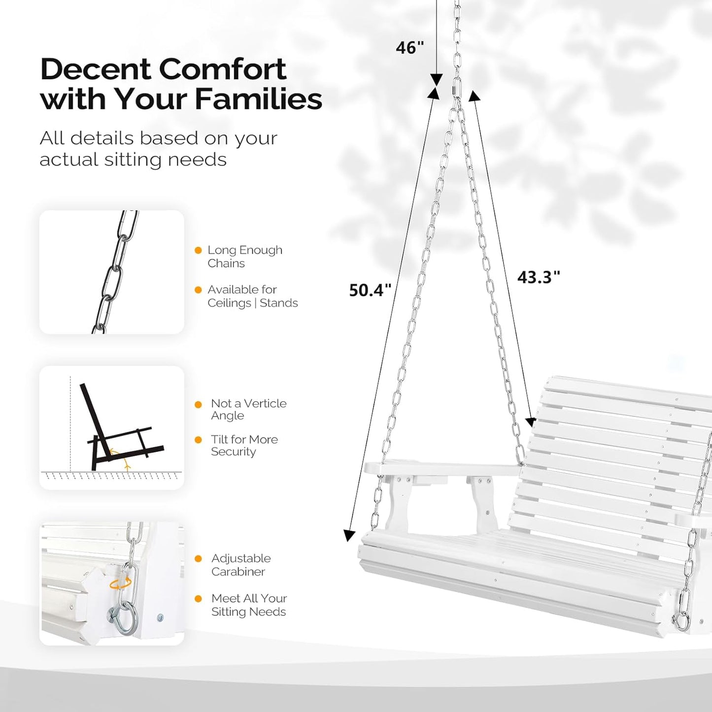 VINGLI XL Size Patio Wooden Porch Swing Outdoor with Cup Holders, Heavy Duty 880 LBS Hanging Swing Chair Bench with Hanging Chains for Yard, Lawn, Garden (4 FT Pro, White)