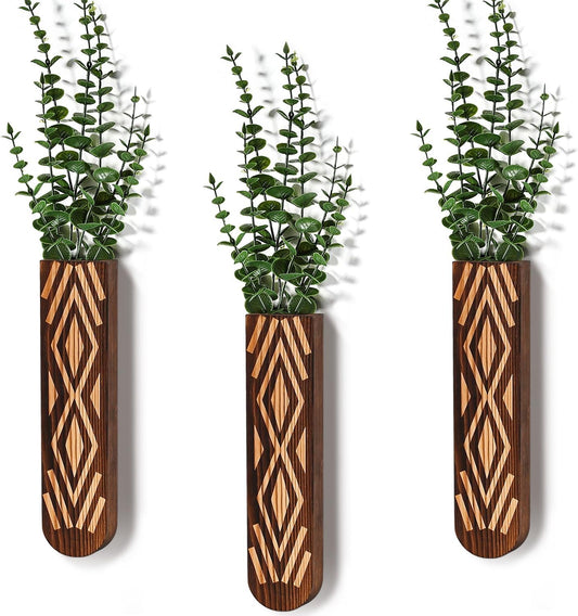 Wooden Wall Planter Set of 3 - Modern Bohemian Home Decor for Living Room, Bedroom, Bathroom - Versatile Walnut Finish Planter for Dried Flowers, Faux Greenery, and Indoor Plants