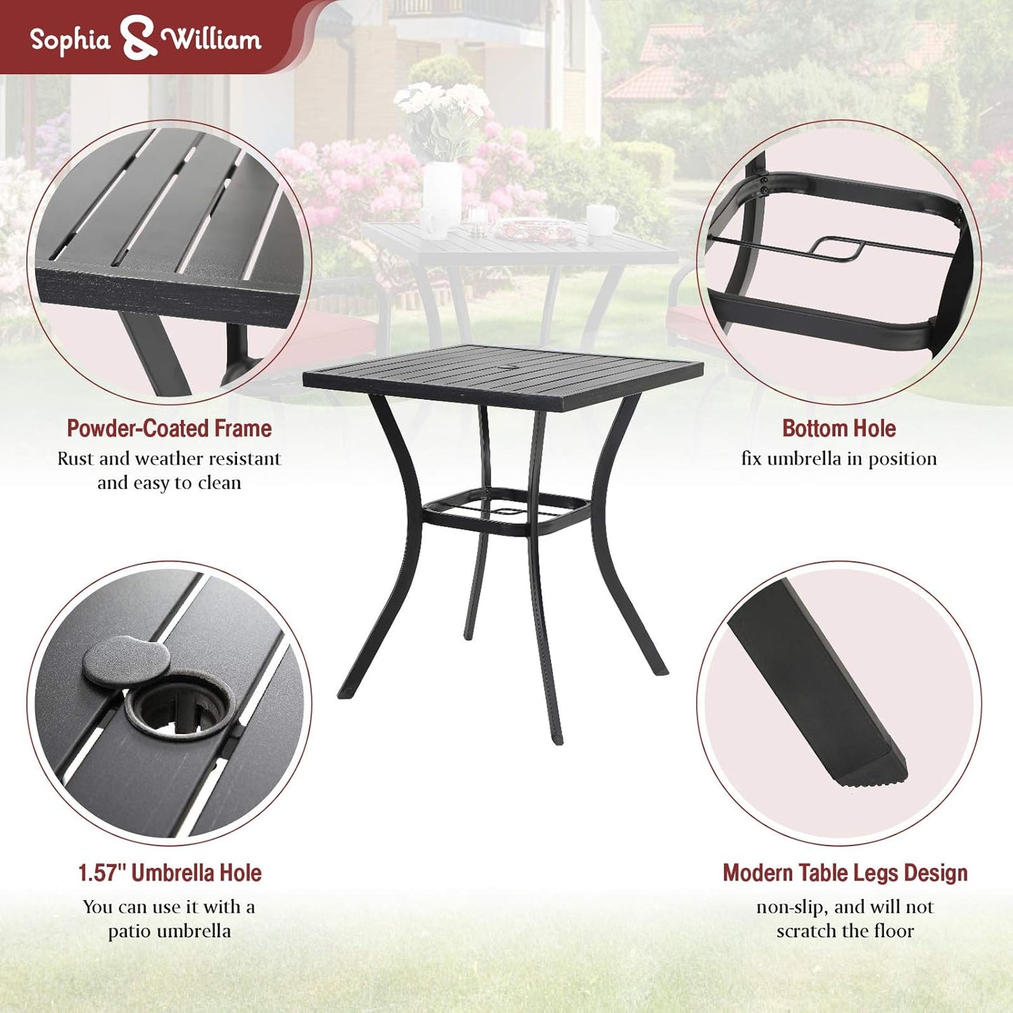 Sophia & William Patio Bar Set 5-Piece Outdoor High Dining Set with 4 Swivel Bar Stools with Red Cushion and 1 Square Bar Height Table with Umbrella Hole