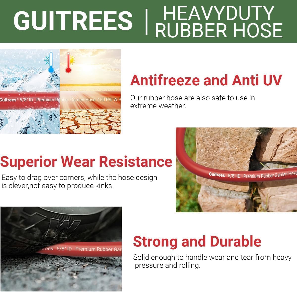 50FT 3/4 Heavy Duty Rubber Garden Hose - 200psi Working, 1000psi Burst - Hot/Cold Water - Five-Layered Braiding for Durability - Versatile for Gardening, Agriculture, Construction(Red)