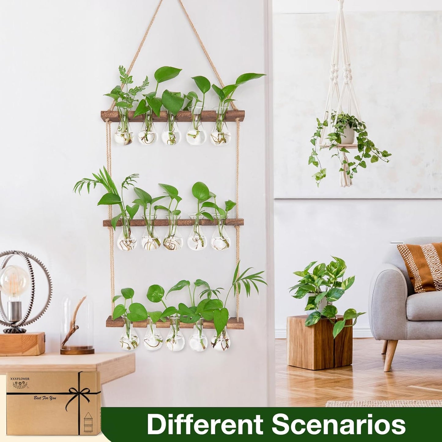 XXXFLOWER Wall Hanging Propagation Station with Wooden Stand 5 Bulb Vase 3 Tiered Planters Wall Terrarium for Home Office Plant Hanger Flower Vases Wall Decor(Brown)