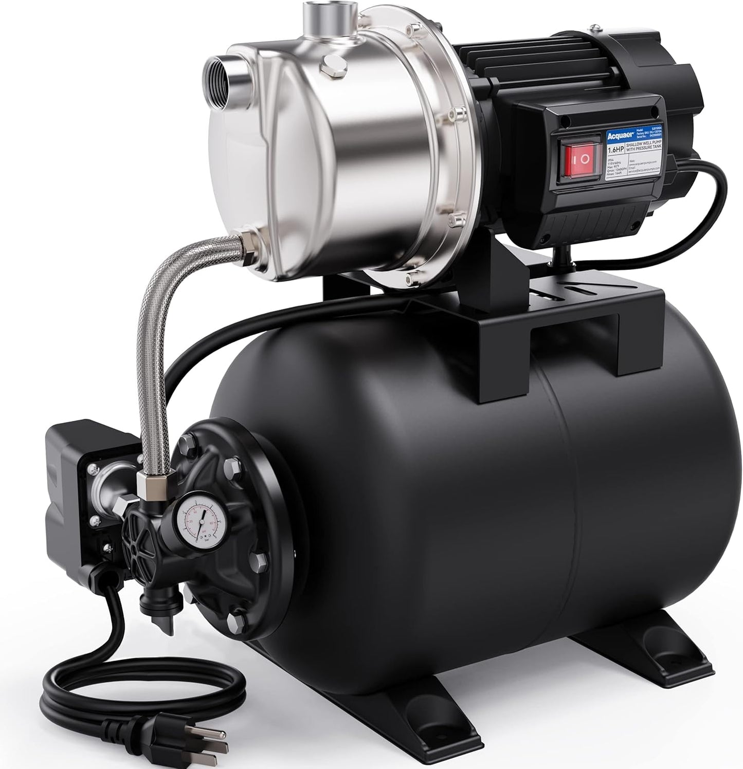 Acquaer 1.6 HP Shallow Well Pump with Pressure Tank, Stainless Steel, 1320 GPH 115V Irrigation, Automatic Water Booster Jet Pump for Home, Garden, Lawn