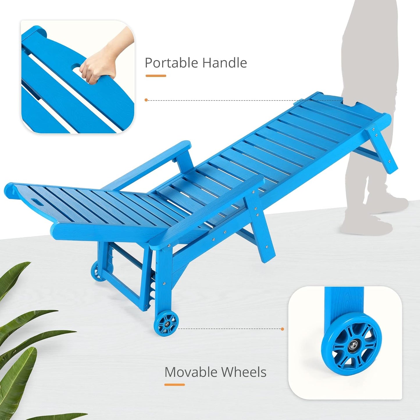 LUE BONA Chaise Lounge Chairs Set with Table, 6-Piece, 79'' Oversized HDPS Chaise Lounger, 5 Positions Adjustable Lounge Chairs, Pool Lounge Chair with Wheels for Poolside, 3 Year Warranty, Blue