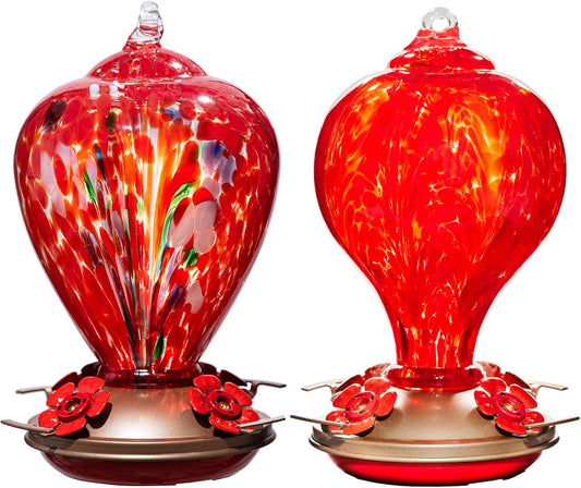 2 Packs Hummingbird Feeders for Outdoors Hanging Ant and Bee Proof, 34OZ & 32OZ Hand Blown Glass Hummingbird Feeders for Outside, 2 Red