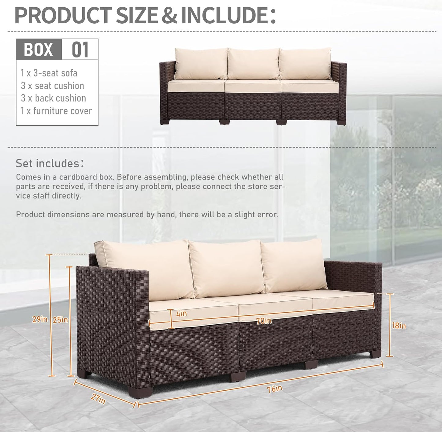 Patio Furniture 3-seat Sofa Wicker Outdoor Furniture Outdoor Couch Deep Seat Hight Backrest Non-Slip Cushions, Khaki