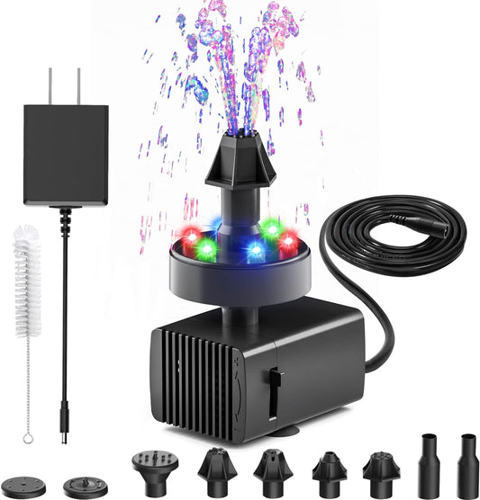 24-Hours Working Bird Bath Fountains Electric, Adjustable Quiet Water Fountain Pump with LED Lights for Garden,Small Fish Tank, Pond,Water Features - 7 Nozzles,16.4Ft Power Cord