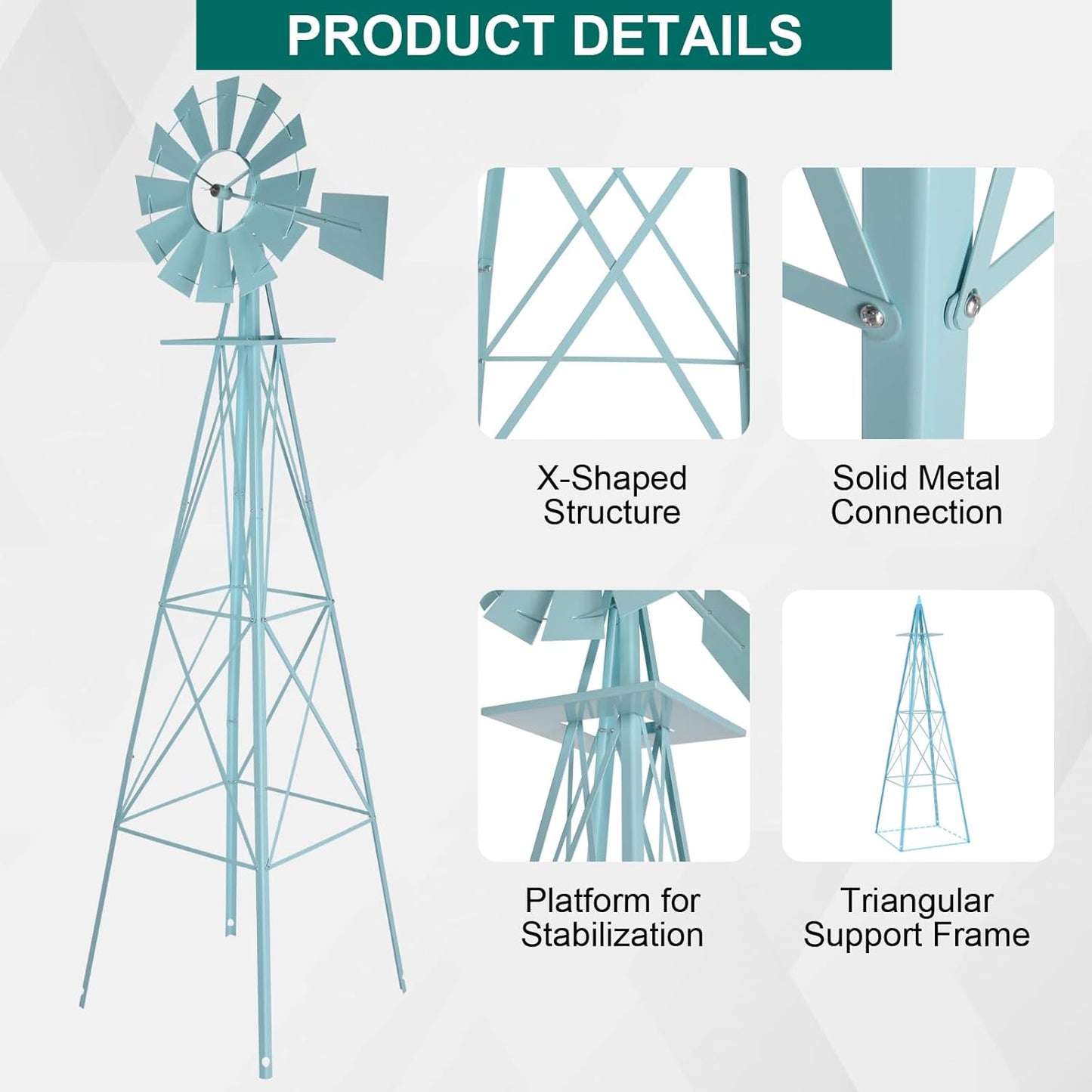 8FT Garden Windmill, Heavy Duty Metal Weather Vane, Yard Ornamental Wind Spinner, Wind Mill Decoration for Backyard Weather Resistant (Light Blue, 8ft)