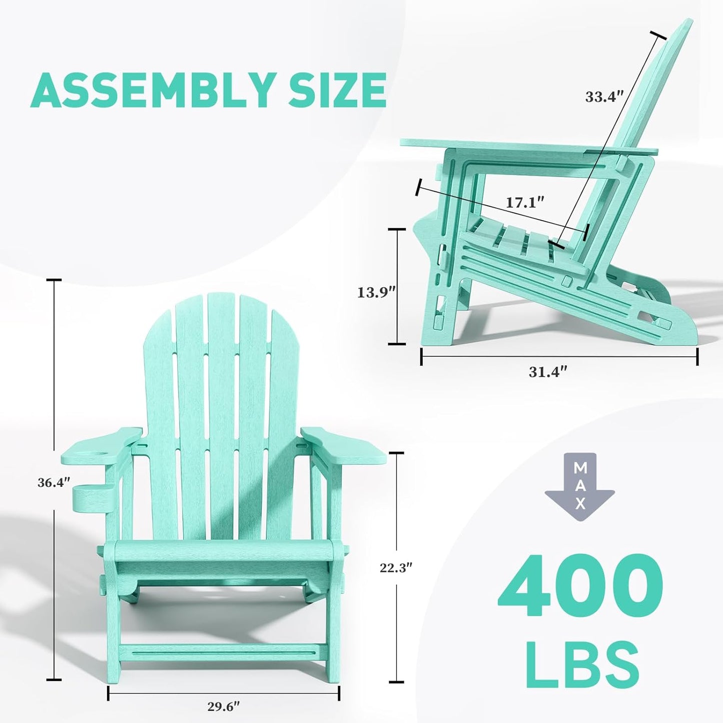 Adirondack Chairs Set of 2, Tool-Free Assembly All-Weather Plastic Adirondack Chairs, HDPE Fire Pit Chairs with Cup Holder, Outdoor Chair for Patio Garden (Aruba)