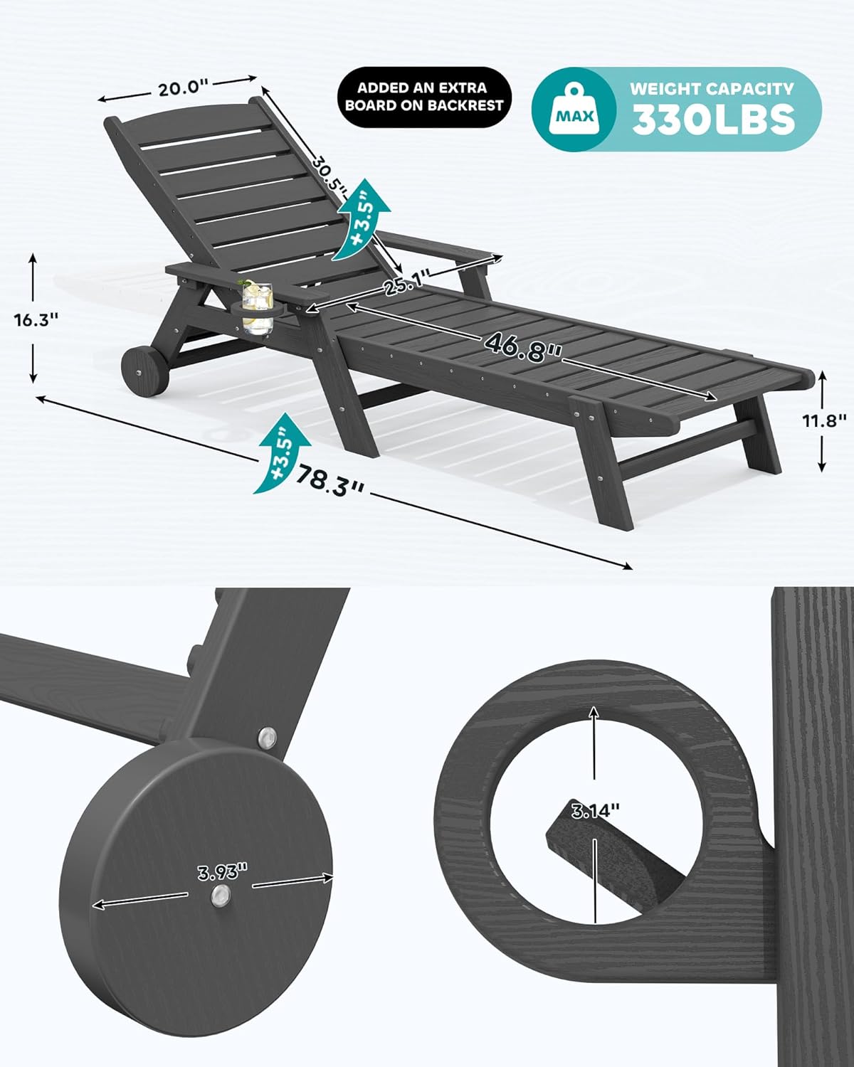 SERWALL Patio Chaise Lounge Chair, 78'' Long HDPE 5 Positions Adjustable Outdoor Lounger, Poly Lounge Chair with Rolling Wheels & Cup Holder for Pool, Slate Gray