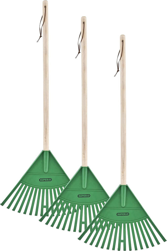 Pack of 12 Rake with Hardwood Handle, Durable Plastic Head to Sweep Leaves in Lawn and Tidying Up The Garden, 34" (Green)