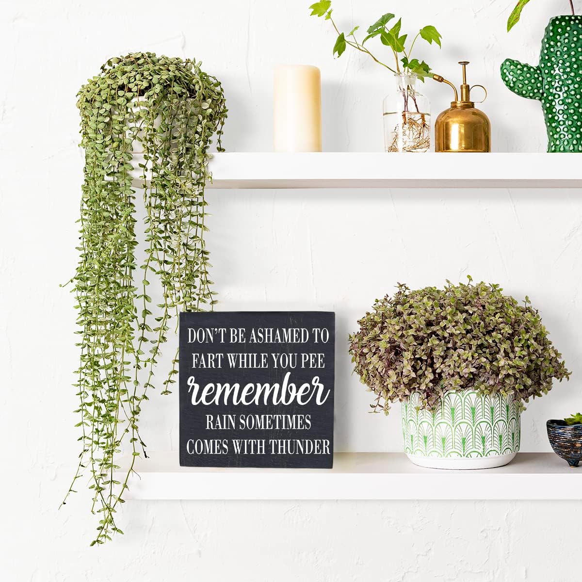 HTBIG Funny Bathroom Decor Don't be Ashamed to Fart While Peeing Toilet Washroom Sign Wooden Box Sign Rustic Black Wood Block Sign for Home Farmhouse Bar Toilet Washroom Shelf Decoration living room