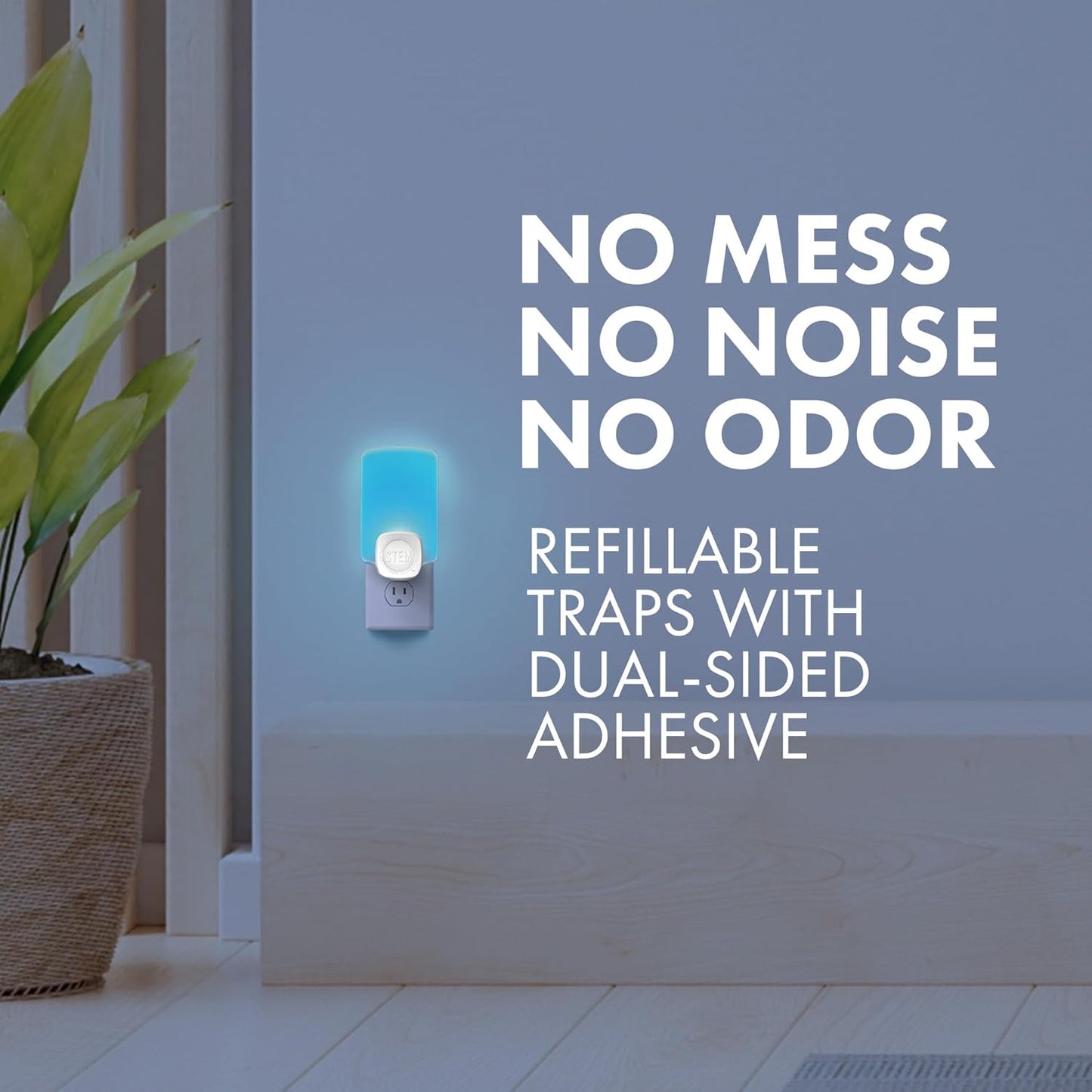 STEM Light Trap: Indoor Fruit Fly Trap, Effective Insect Control for Home, Attracts and Traps Flying Insects, Emits Soft Blue Light, Starter Kit with 1 Plug-in Device and 3 Cartridges