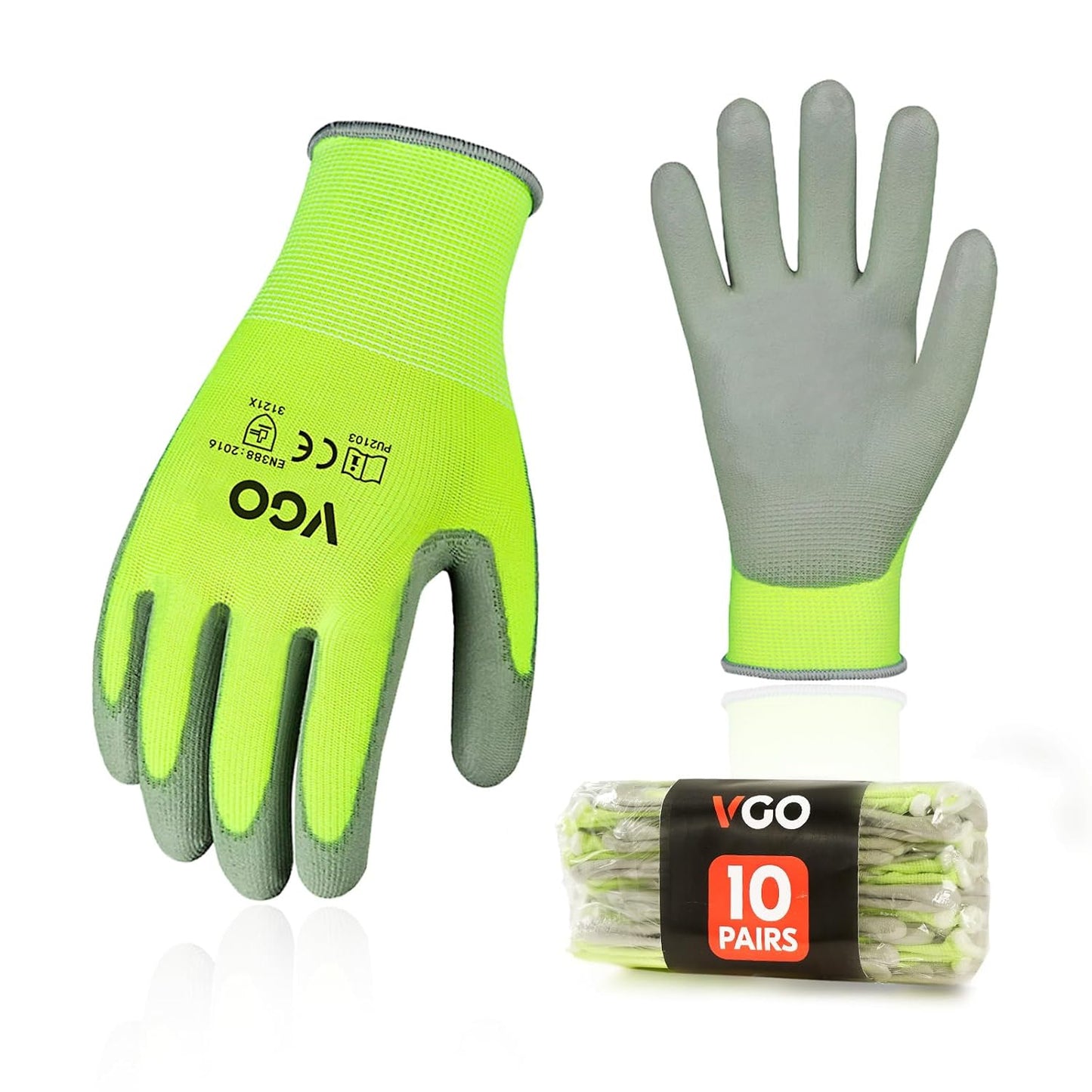 Vgo... 10-Pairs Safety Work Gloves, Gardening Gloves, Polyurethane Coated, Dipping Gloves, Latex Free (Size L, Yellow, PU2103)