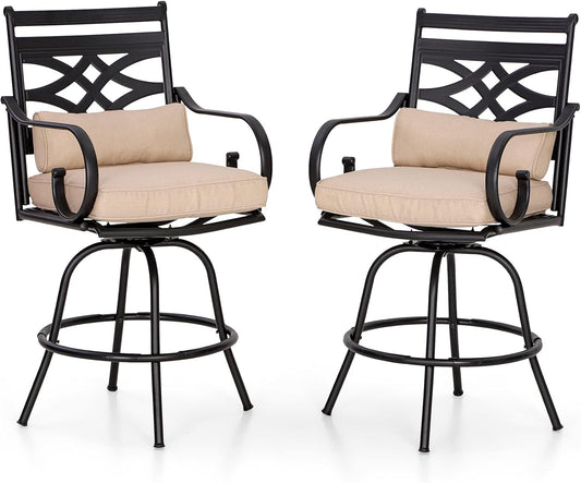 PHI VILLA Outdoor Swivel Bar Stools Set of 2，Patio Counter Height Bar Chairs with Back and Armrest，Metal,Black