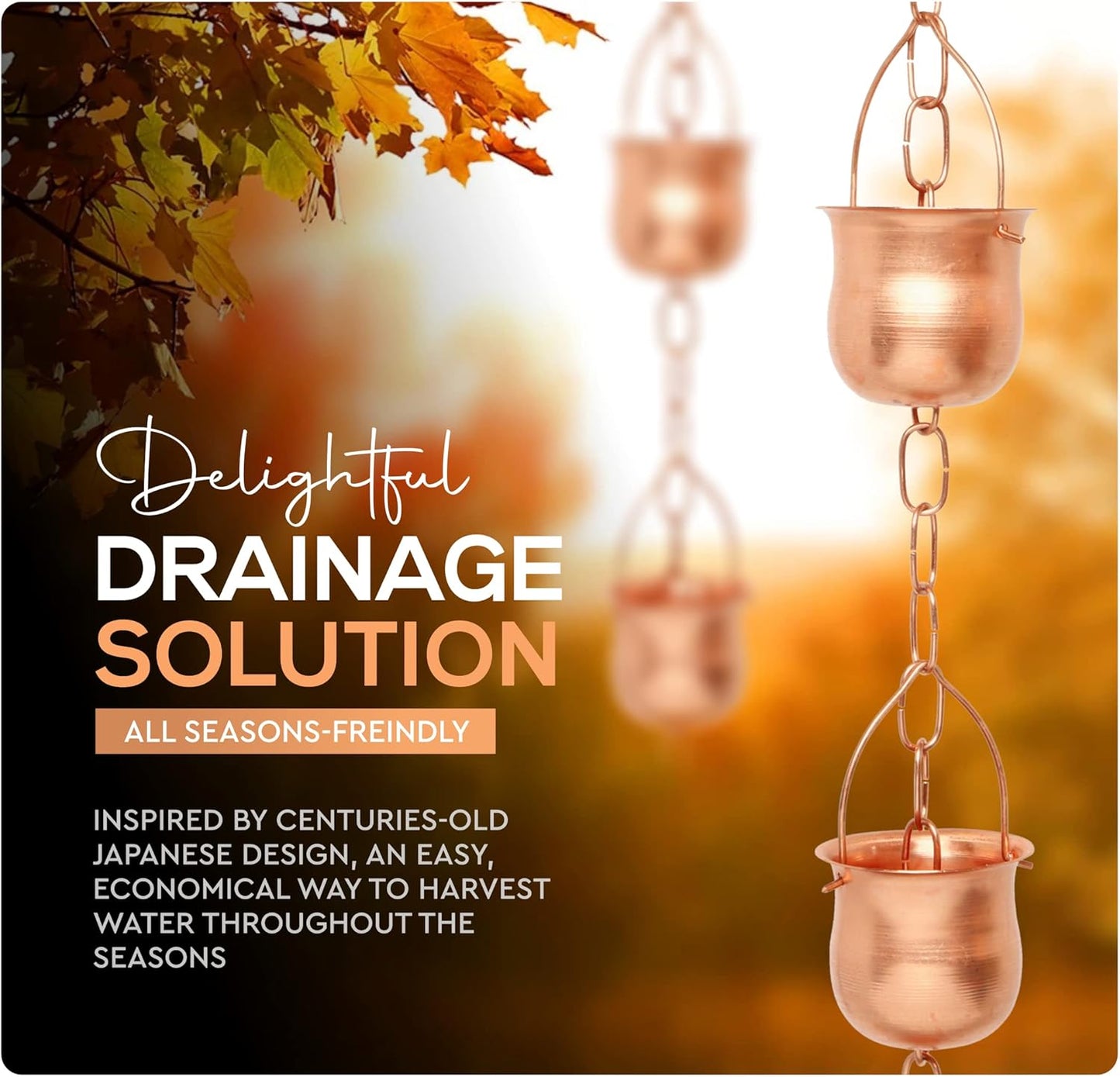 Copper Rain Chain – Decorative Chimes & Cups Replace Gutter Downspout & Divert Water Away from Home for Stunning Fountain Display – 8.5’ Long for Universal Fit – Pot Style