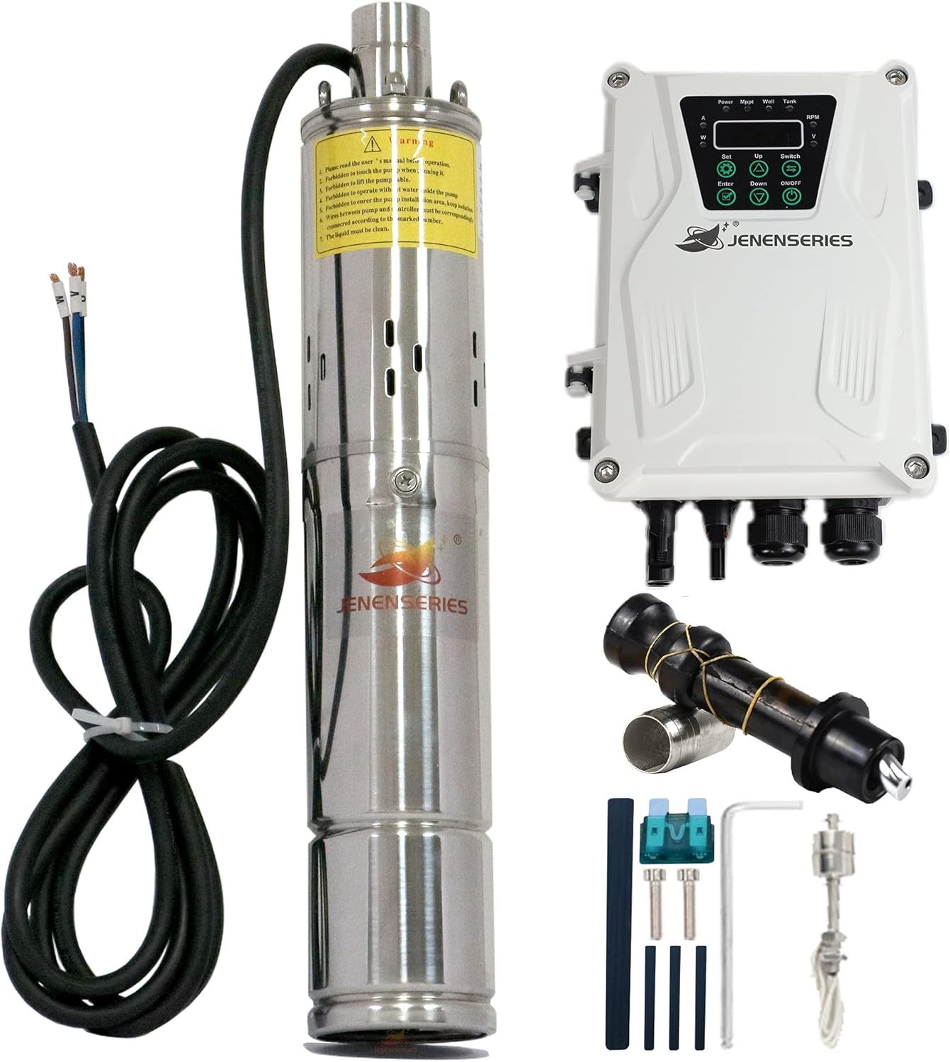 Pump 500W DC 48V Solar Water Pumps, Max head 393ft,7.9GPM Flow，3 inch Solar deep well submersible Pumps with MPPT controller float switch kits for home or farm