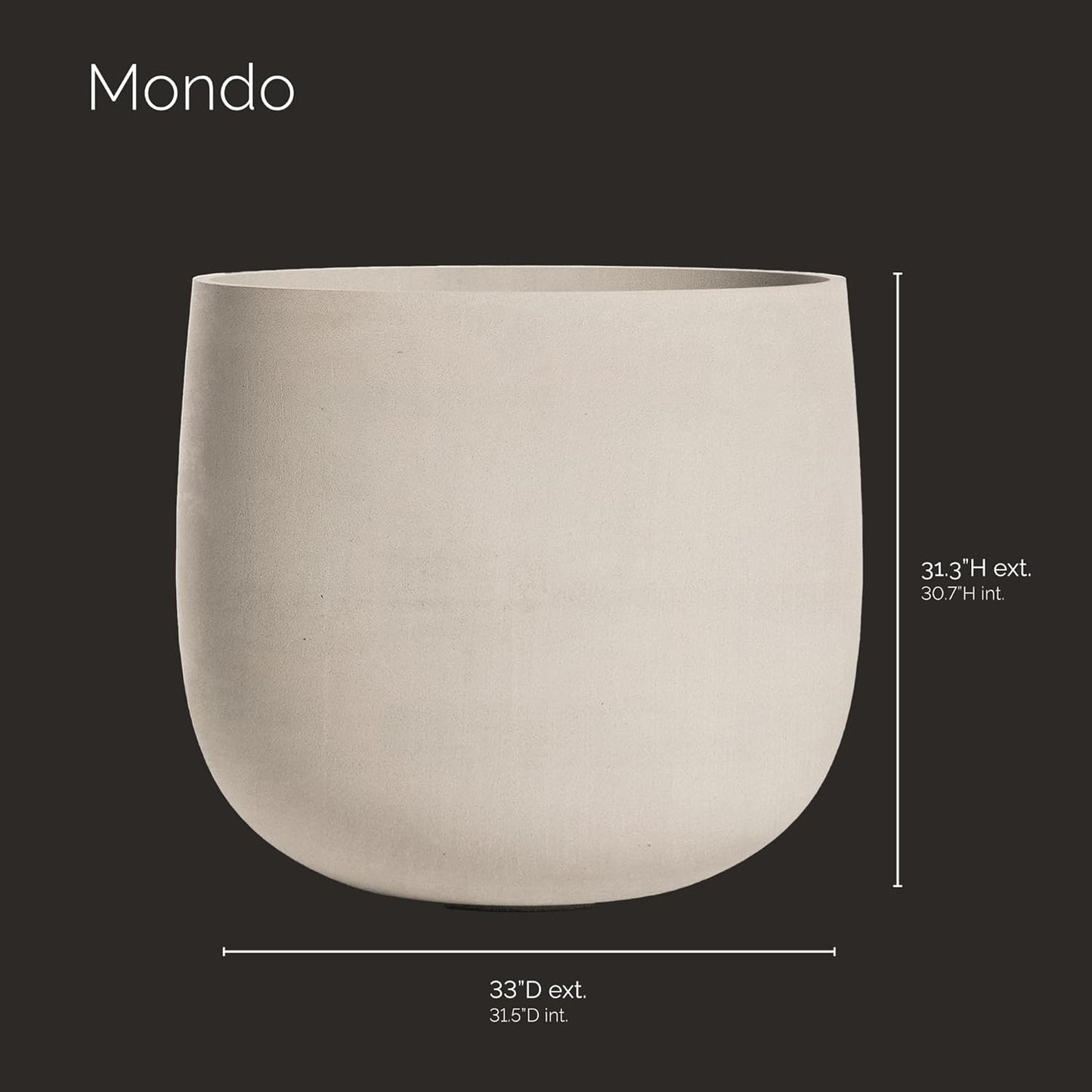 Mondo Large Planter – Sand Stone Finish – Fiberglass Indoor/Outdoor and Weather-Resistant Round Planter (33" D x 31.3" H Exterior, 31.5" D x 30.7" H Interior)