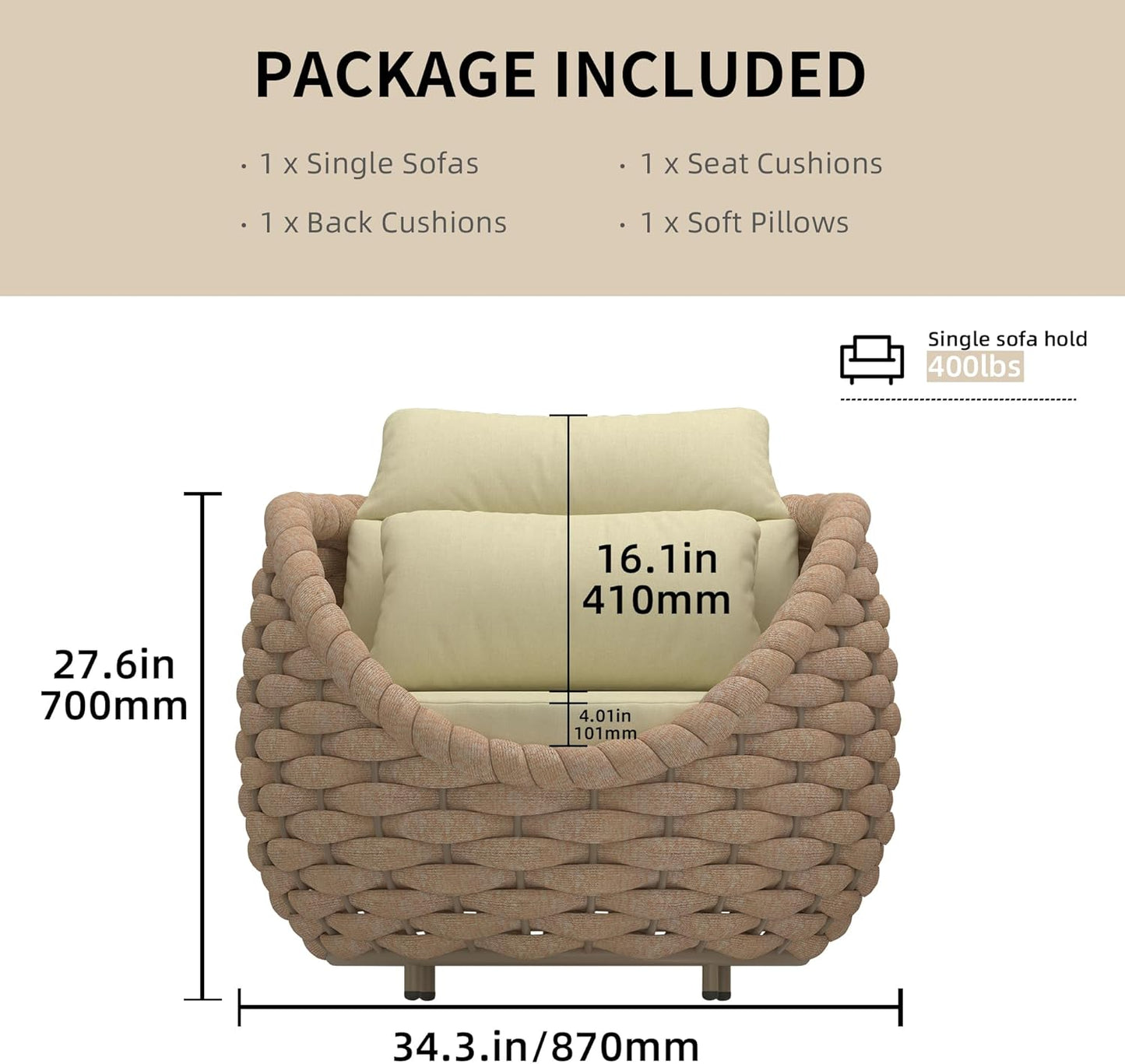 TWT 2 Pieces Patio Furniture Aluminum Armchair, All-Weather Outdoor Single Sofa with Teslin Rope Metal Chair with Light Yellow Cushions, Light Brown