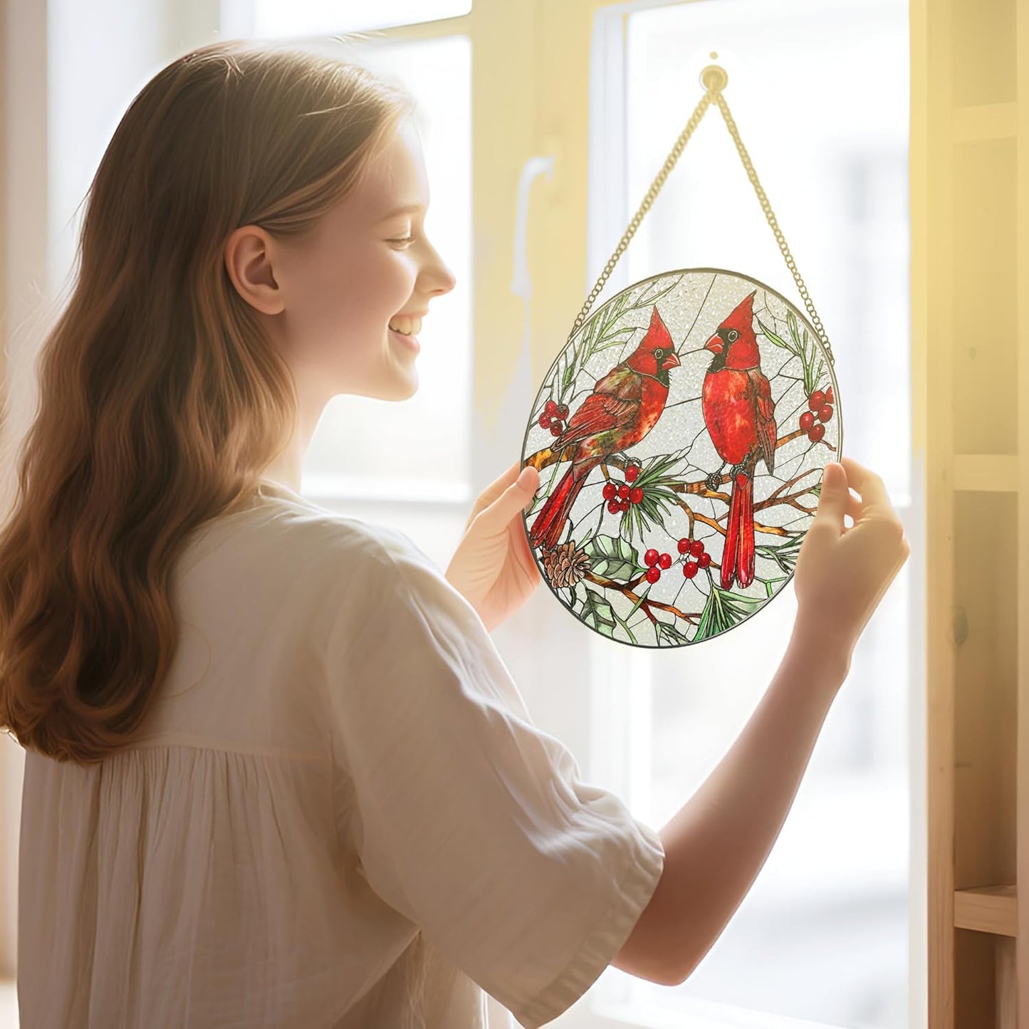 Cardinal Stained Glass Window Hanging, 8 Inch Sun Catchers Indoor Window, Suncatchers for Windows Hanging, Home Decor and Christmas, Festival, Mother's Day, Birthday, Cardinal Gifts for Women, Men