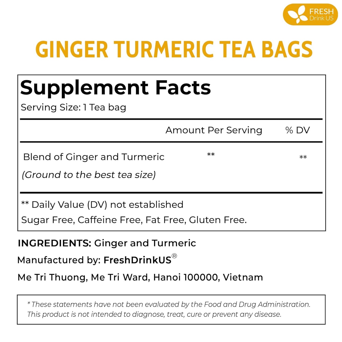 FreshDrinkUS, Premium 85 Ginger Turmeric Tea Bags, 100% Natural Ingredients, Hand-made Blend of Ginger and Turmeric Herbal Tea, Eco-conscious Tea Bags. No Sugar, No Caffeine, No Gluten, Vegan.