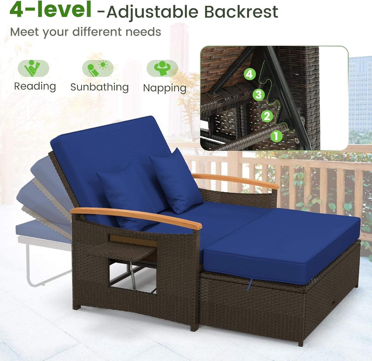 Tangkula Patio Rattan Daybed Set with Cushioned Loveseat and Storage Ottoman, Outdoor Double Chaise Lounger with 4-Level Adjustable Backrest and Retractable Side Trays for Backyard (Navy)