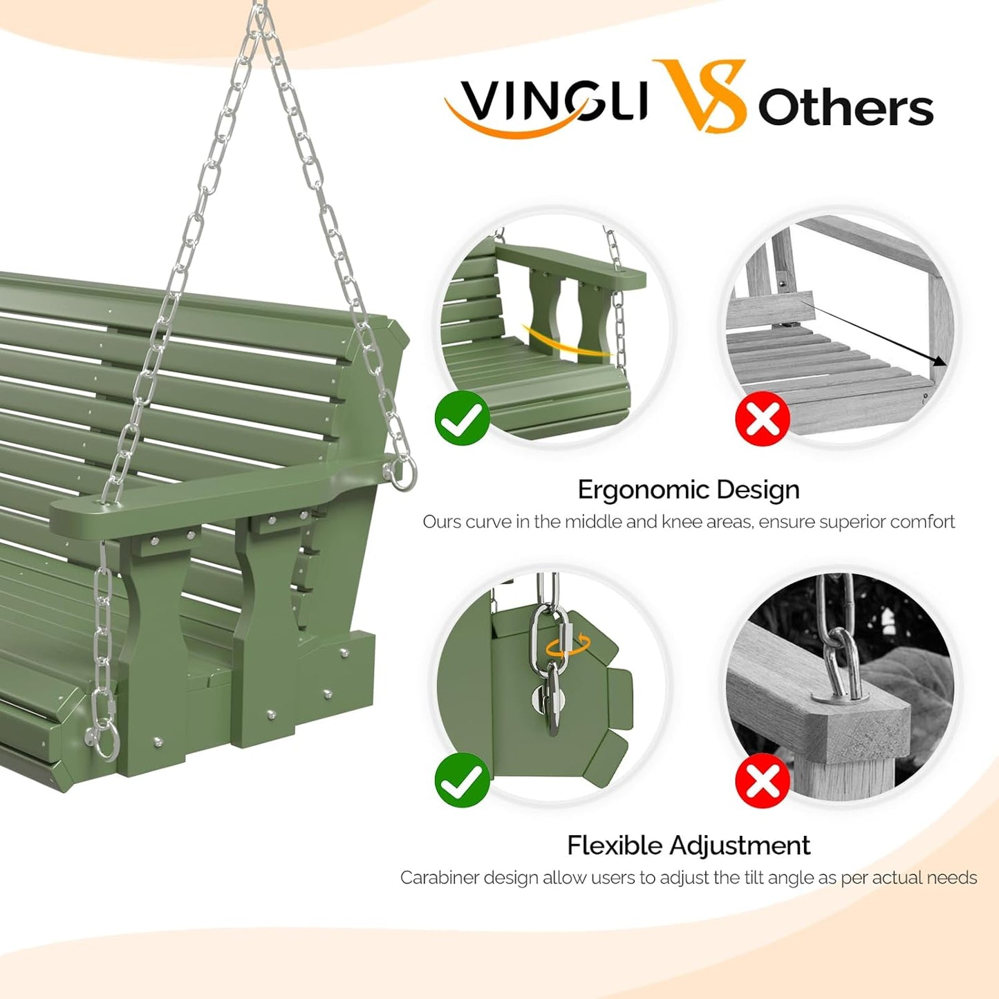 VINGLI Upgraded Patio Wooden Porch Swing for Courtyard & Garden, Heavy Duty 880 LBS Swing Chair Bench with Hanging Chains for Outdoors (Green, 5 FT)