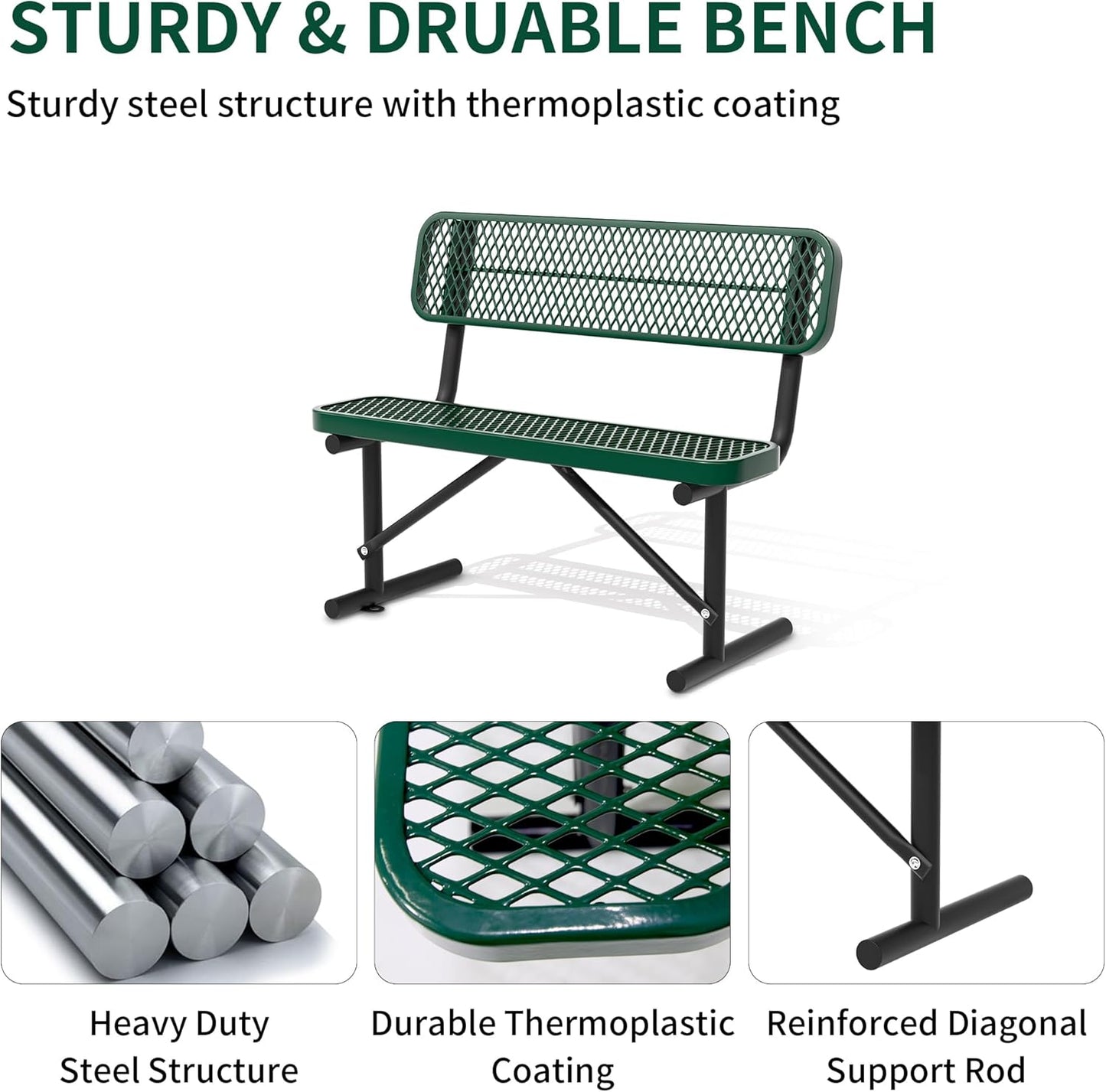 4 Feet Heavy Duty Metal Park Bench for Outside, Outdoor Bench with Backrest & Portable Frame, Commercial Benches for Shopping Malls, Stores, Parks, Patios, Decks, Green