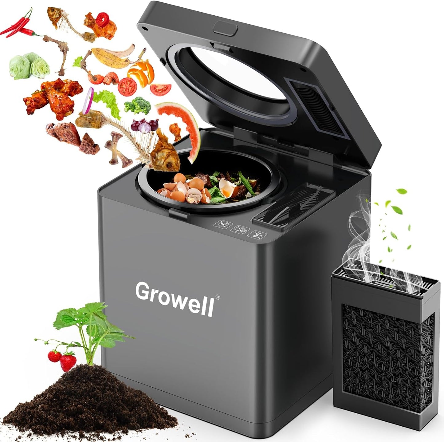 Growell Electric Composter for Kitchen, 2.5L Indoor Countertop Compost Bin Kitchen with LED Display, Visible Window & Carbon Filter, Auto-Clean, 4H/6H Fast Processing, Odorless Food Compost Machine